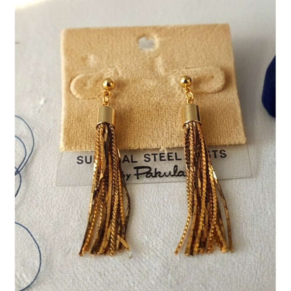 Pakula Tassel Earrings Gold Tone Dangle Drop Textured Surgical Steel Posts Korea